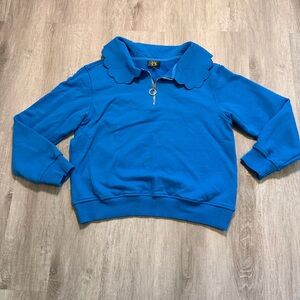 SSYS The Label Small Blue Scalloped Collar 1/4 Zip Pullover Preppy Coastal Mom